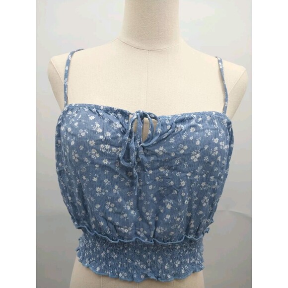 Hippie Rose Juniors Blouse Crop Tank Top Denim Floral White Size L New - Picture 1 of 8